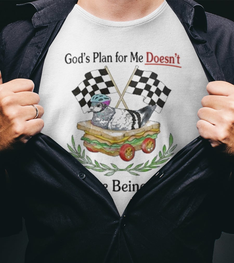 God's Plan For Me Doesn’t Involve Being Sane Pigeon Sandwich Racing Wheels Checkered Flags T-Shirt