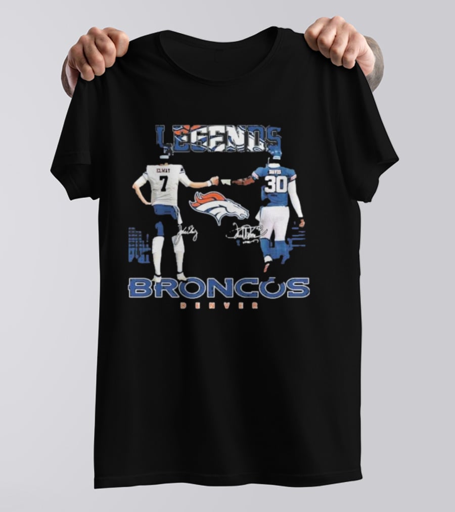 Denver Broncos Legends Elway Davis Signature Football Duo T-Shirt