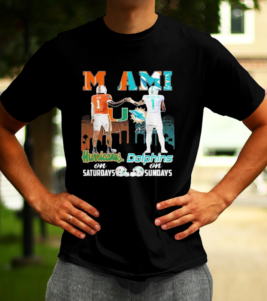 Miami Hurricanes On Saturdays Dolphins On Sundays T-Shirt