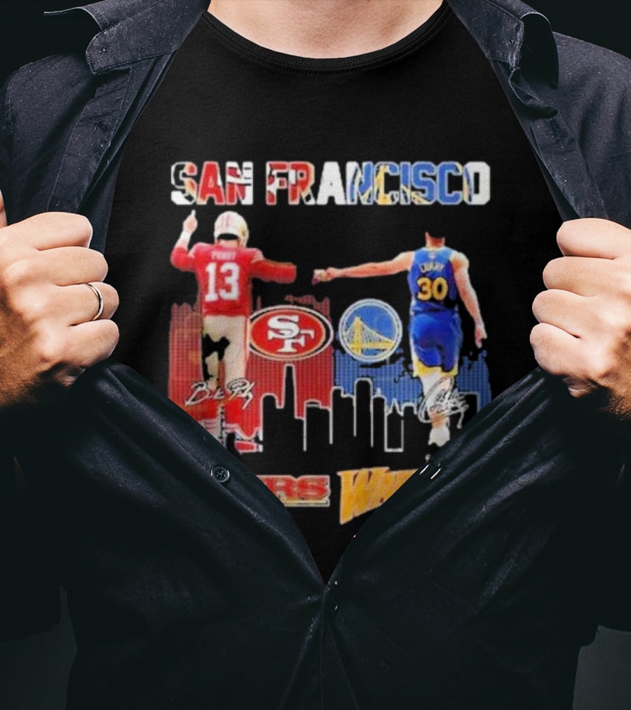 San Francisco 49ers Golden State Warriors Signatures With San Francisco Skyline T-Shirt
