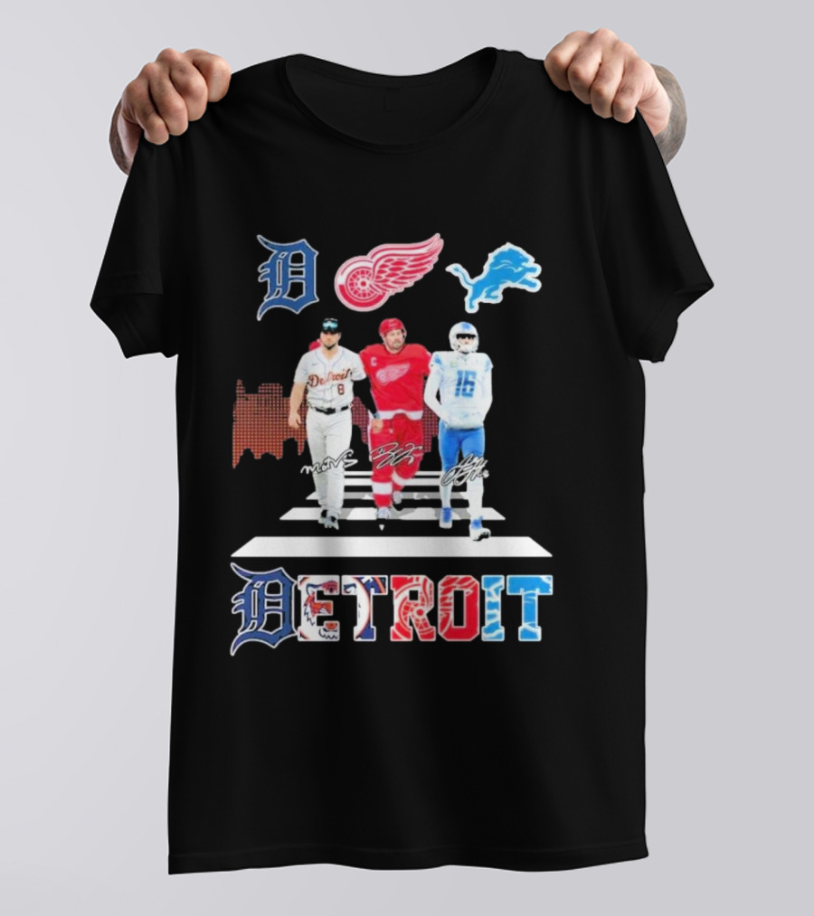 Detroit Lions Tigers Red Wings Legends Crossing Detroit T-Shirt