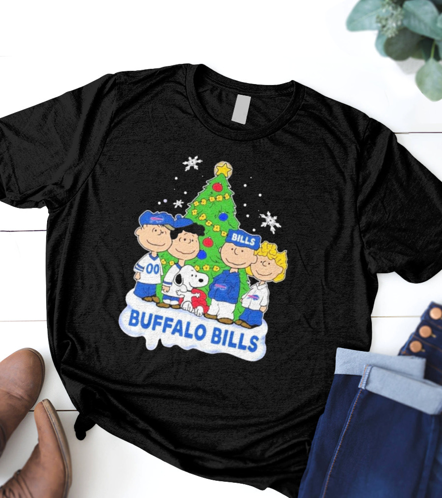 Buffalo Bills Snoopy Christmas Tree Peanuts Characters Holiday Scene T-Shirt