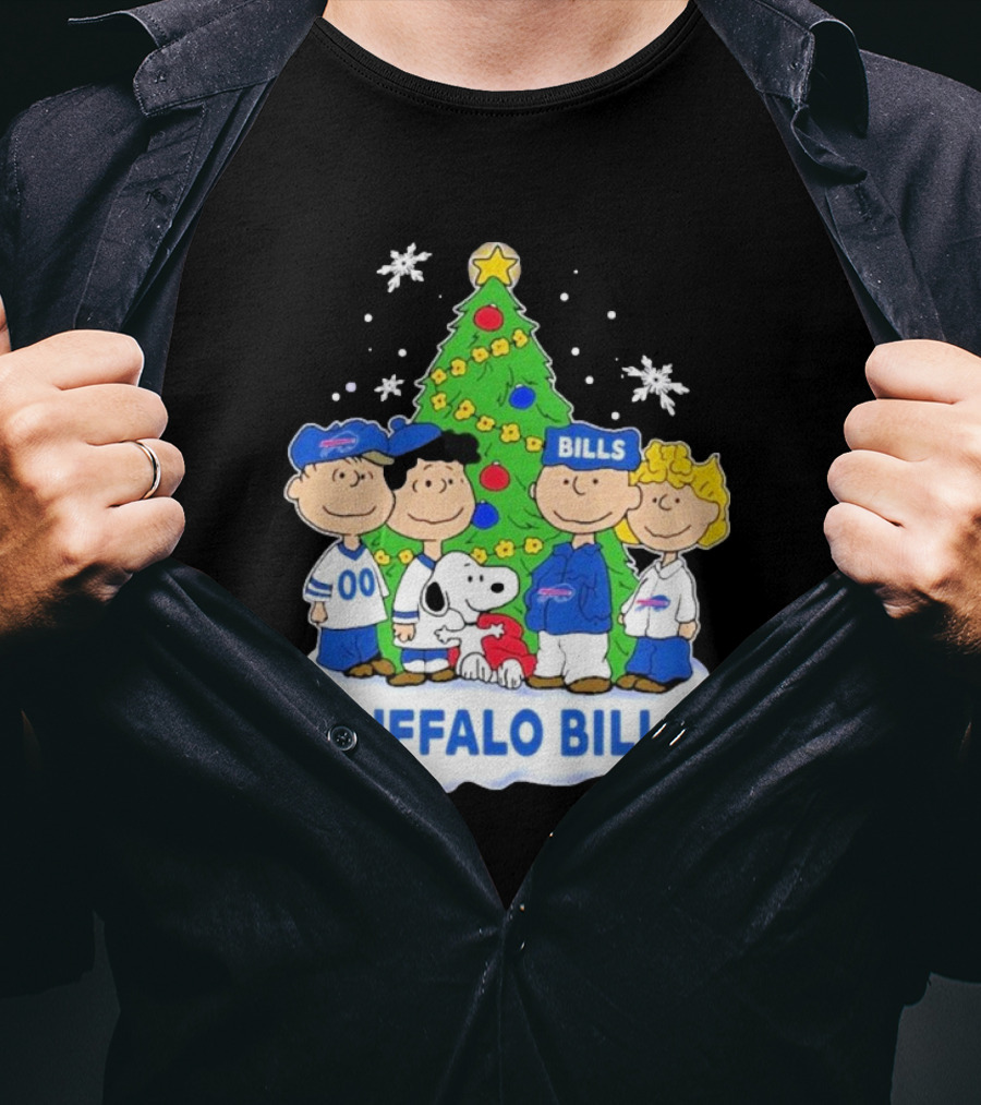 Buffalo Bills Snoopy Christmas Tree Peanuts Characters Holiday Scene T-Shirt