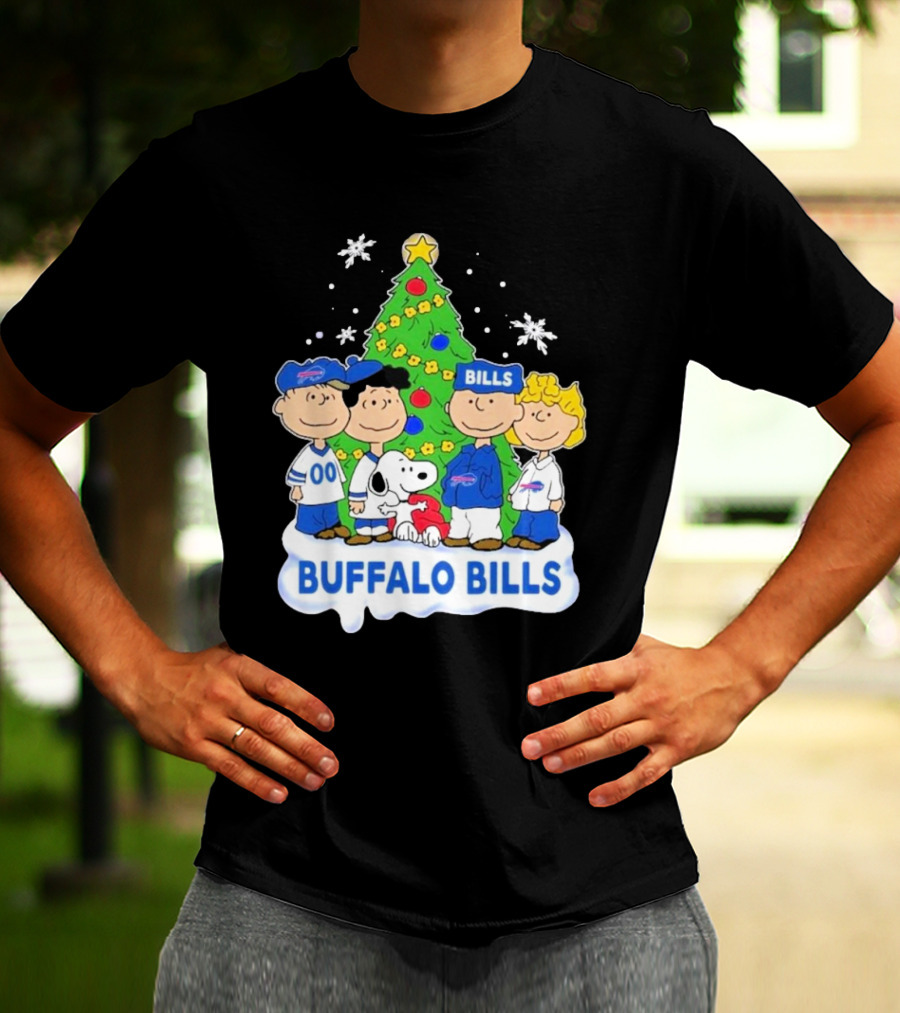 Buffalo Bills Snoopy Christmas Tree Peanuts Characters Holiday Scene T-Shirt