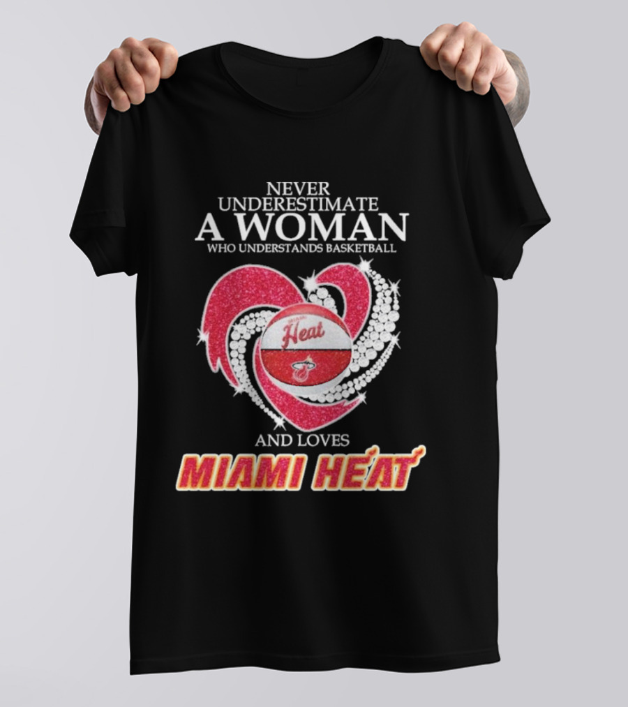 Never Underestimate A Woman Who Understands Basketball And Loves Miami Heat With Red Heart And Basketball T-Shirt