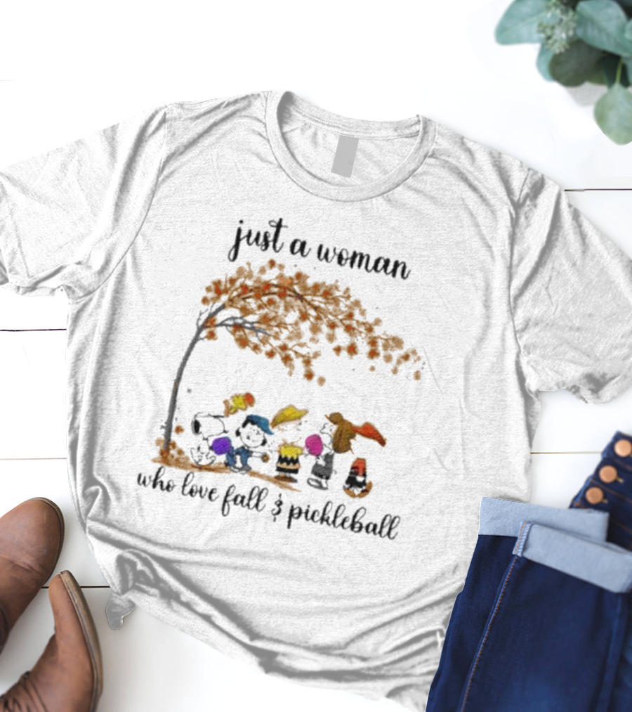 Just A Woman Who Loves Fall And Pickleball With Snoopy And Friends Under Autumn Tree T-Shirt