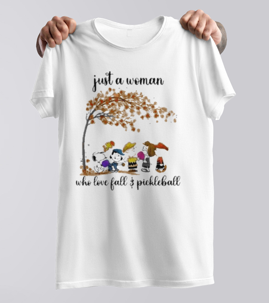 Just A Woman Who Loves Fall And Pickleball With Snoopy And Friends Under Autumn Tree T-Shirt