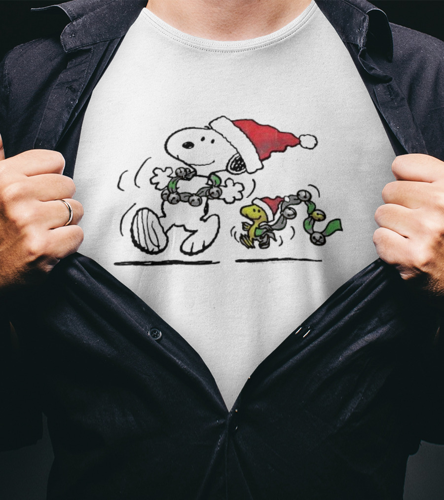 Snoopy And Woodstock Dancing In Santa Hats Christmas T-Shirt