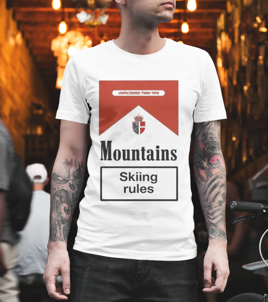Unfiltered Twin Tips Mountains Skiing Rules Crest T-Shirt