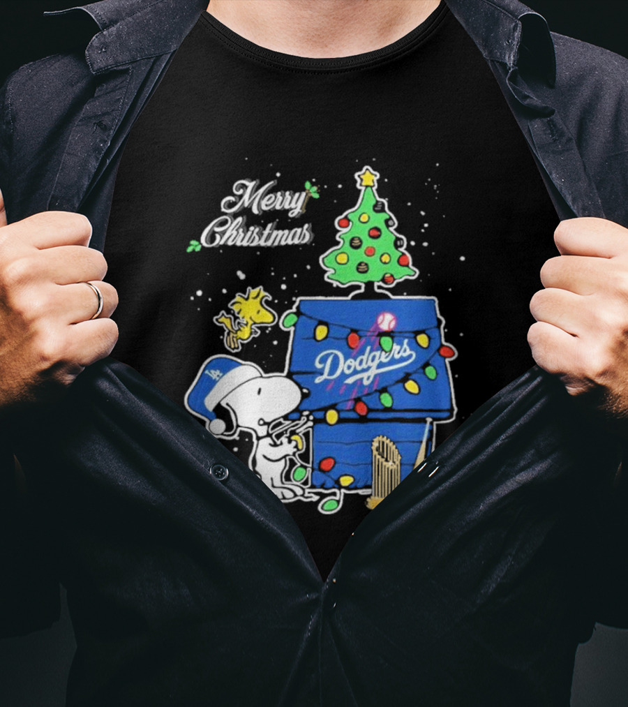 Merry Christmas Snoopy Los Angeles Dodgers Tree Lights Woodstock T-Shirt