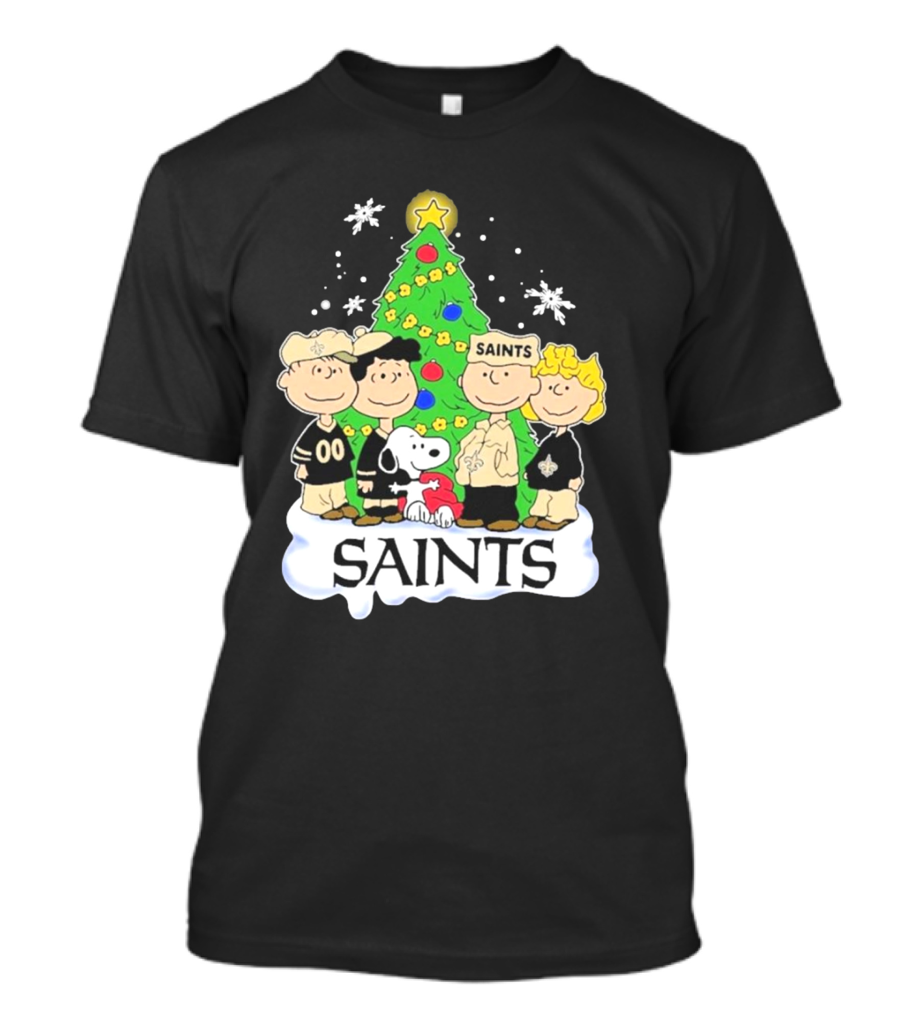 New Orleans Saints Snoopy Christmas Tree Peanuts Characters Snowflakes T-Shirt