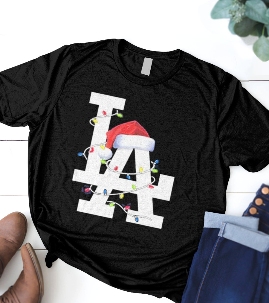 Los Angeles LA Merry Christmas Santa Hat Lights Holiday 2D T-Shirt