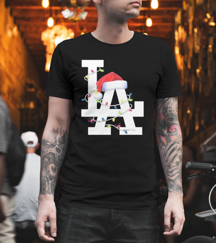 Los Angeles LA Merry Christmas Santa Hat Lights Holiday 2D T-Shirt