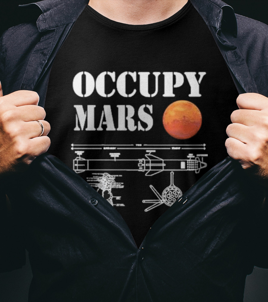 Elon Musk Occupy Mars Starship Rocket Blueprint With Planet Mars T-Shirt
