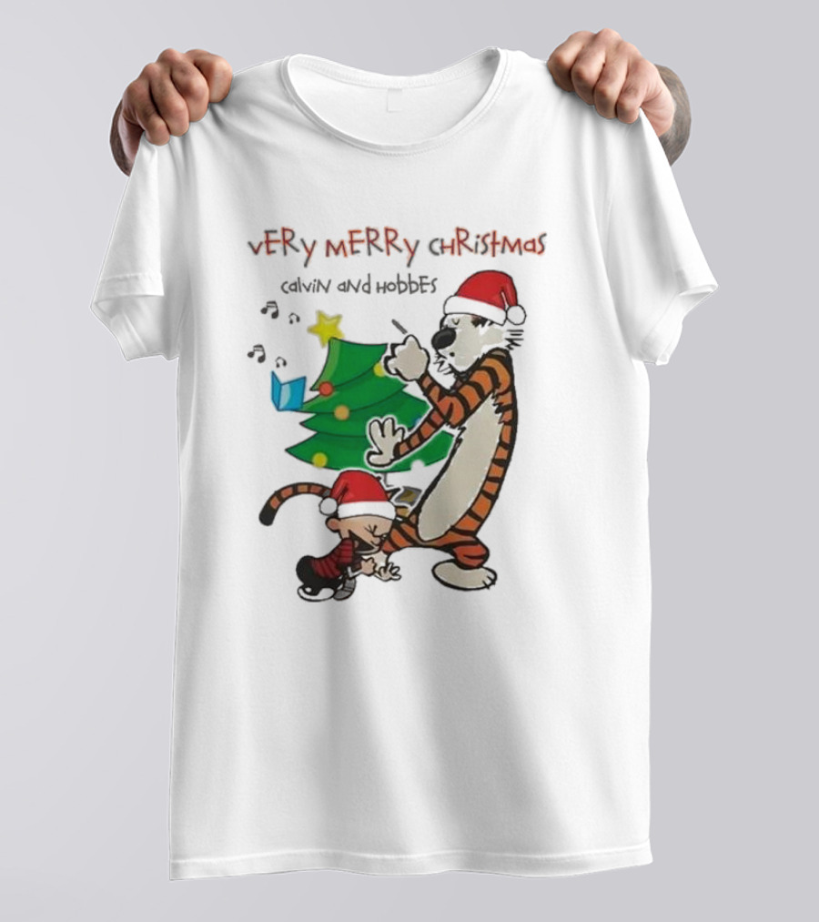 VErY MERRY ChrIStmAS Calvin And Hobbes Santa Hats Christmas Tree Dance T-Shirt