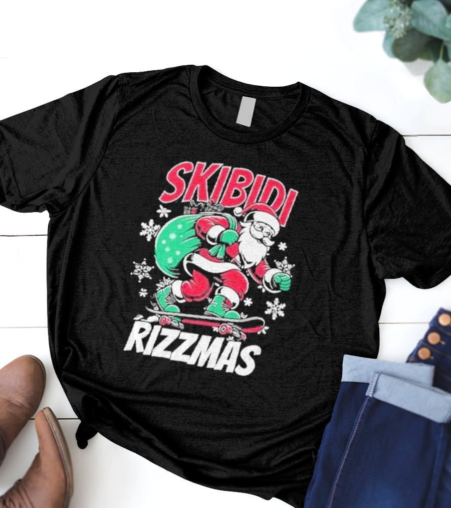 Skibidi Rizzmas Santa Claus Skateboarding Christmas T-Shirt