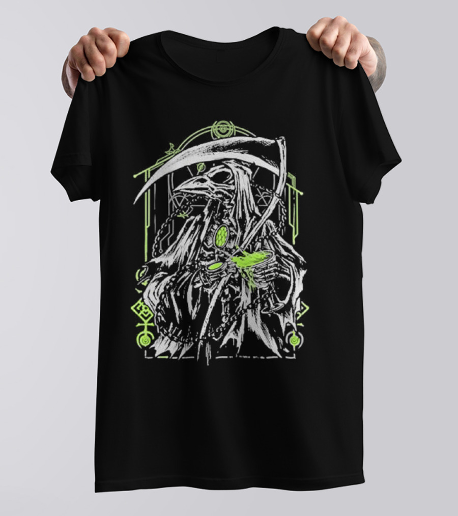 Xavleg Plague Reaper Death Raven In Green And White With Scythe And Potion T-Shirt