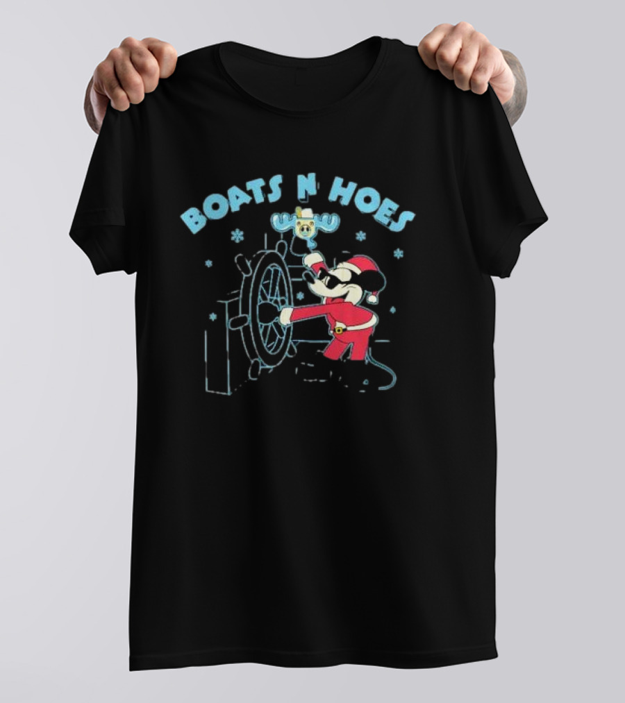Boats N Hoes Christmas Mickey Mouse Steering Wheel Santa Suit Snowflakes T-Shirt