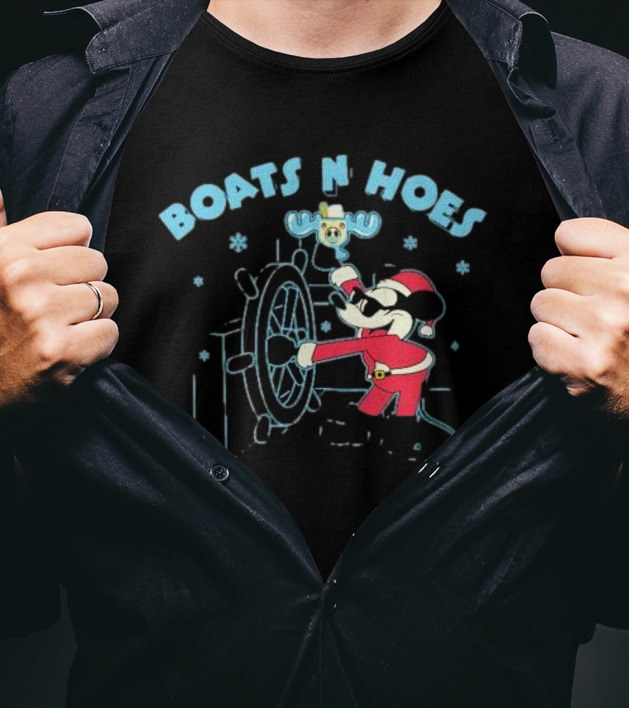 Boats N Hoes Christmas Mickey Mouse Steering Wheel Santa Suit Snowflakes T-Shirt