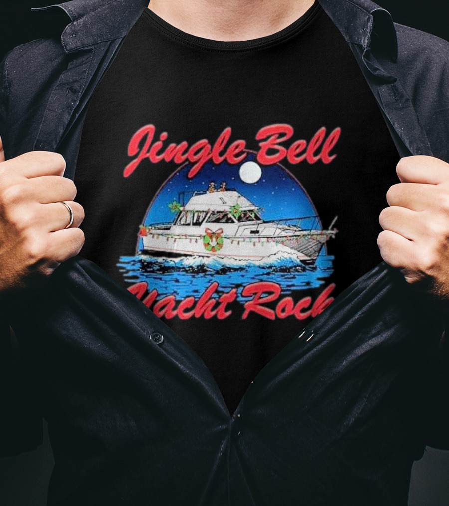 Jingle Bell Yacht Rock Christmas Boat With Holiday Wreath And Lights T-Shirt