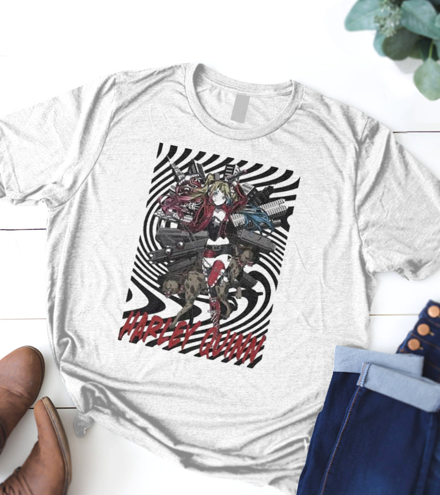 HARLEY QUINN Black And White Spiral With Hyenas T-Shirt