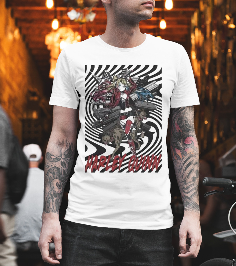 HARLEY QUINN Black And White Spiral With Hyenas T-Shirt