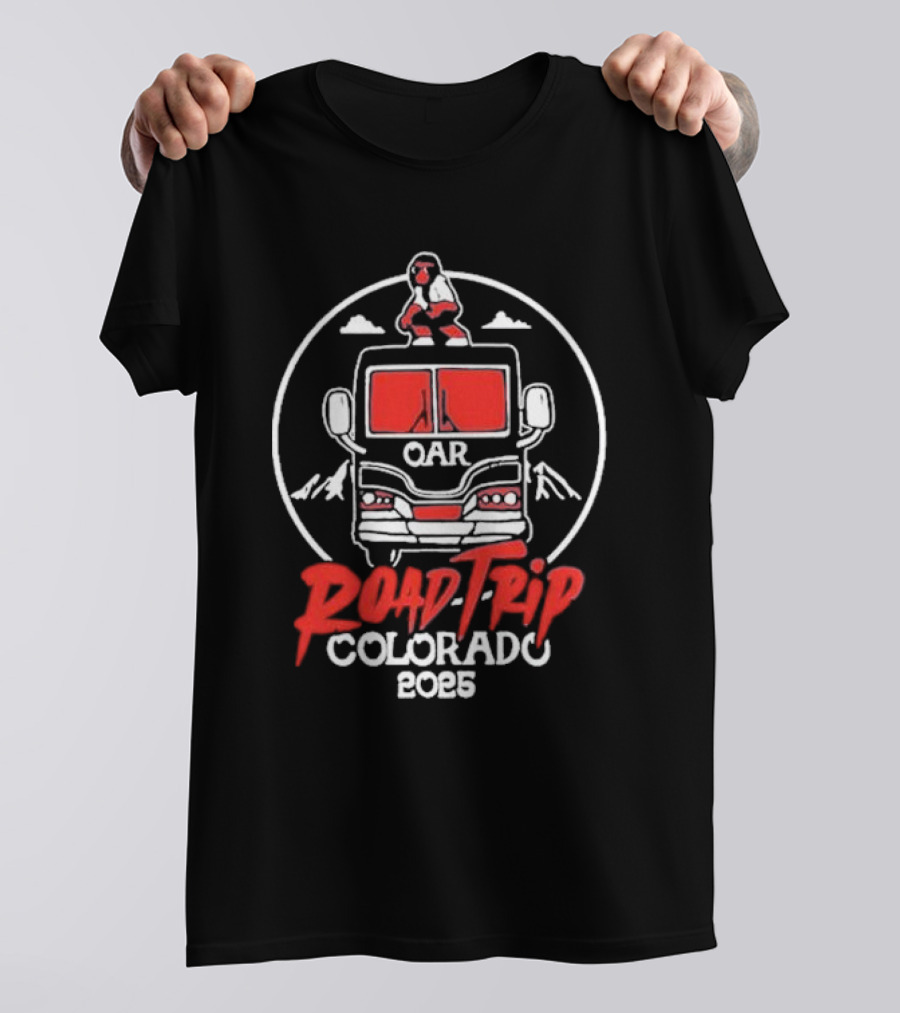 OAR Road Trip Colorado 2025 Bus Adventure With Mountains And Standing Character T-Shirt