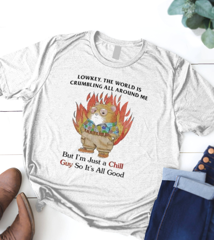 Chill Guy With World Crumbling Fire Background T-Shirt