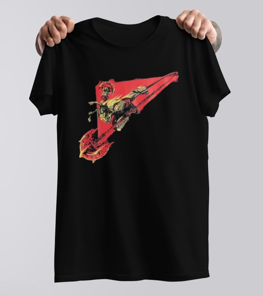 Arcane Ambessa Warrior Riding Battle Axe On Red Triangular Path T-Shirt
