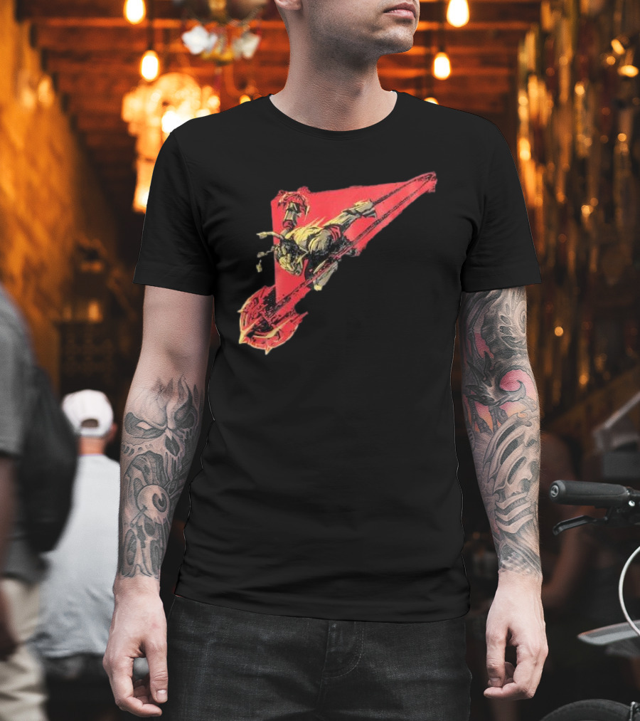 Arcane Ambessa Warrior Riding Battle Axe On Red Triangular Path T-Shirt