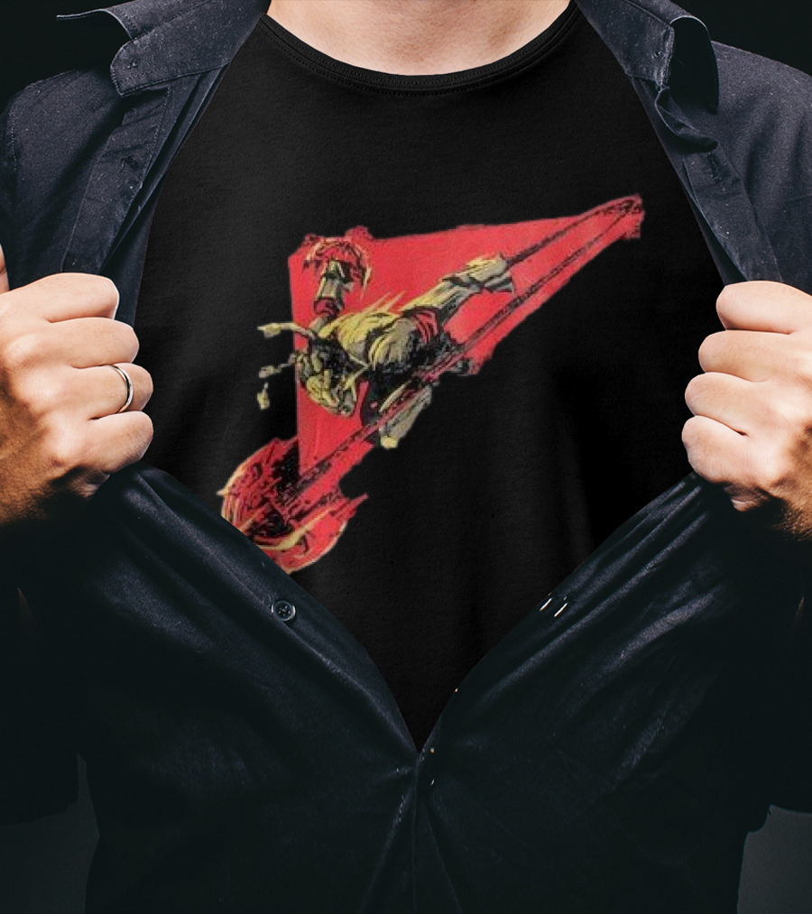 Arcane Ambessa Warrior Riding Battle Axe On Red Triangular Path T-Shirt