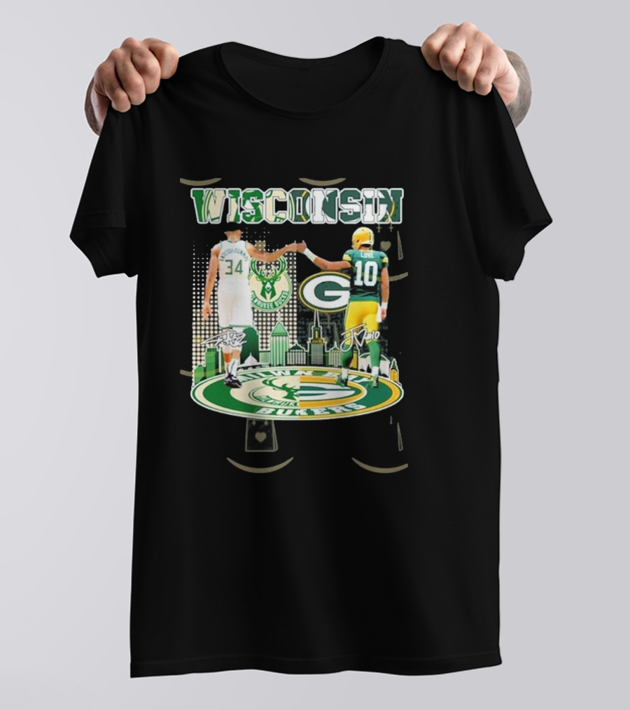 Wisconsin Milwaukee Bucks Green Bay Packers Iconic Duo Signature T-Shirt