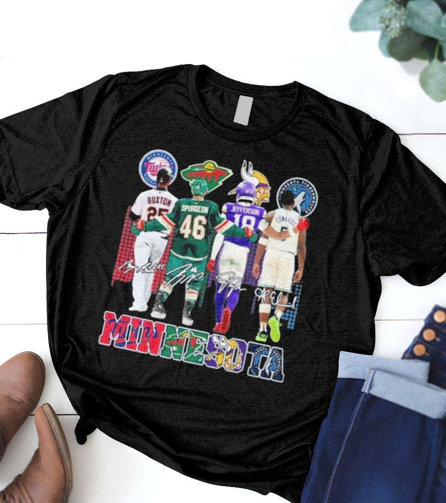Minnesota Twins Buxton Minnesota Wild Spurgeon Minnesota Vikings Jefferson Minnesota Timberwolves Edwards Signature T-Shirt