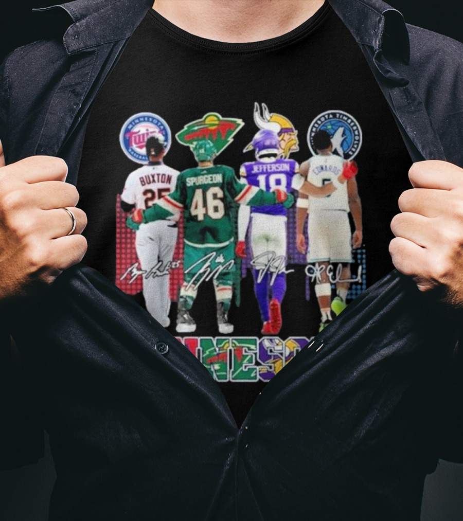Minnesota Twins Buxton Minnesota Wild Spurgeon Minnesota Vikings Jefferson Minnesota Timberwolves Edwards Signature T-Shirt