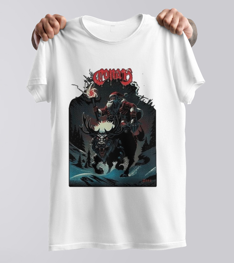 Conan Merry Chrushmas Santa Riding Mythical Beast Torch Dark Forest Scene T-Shirt