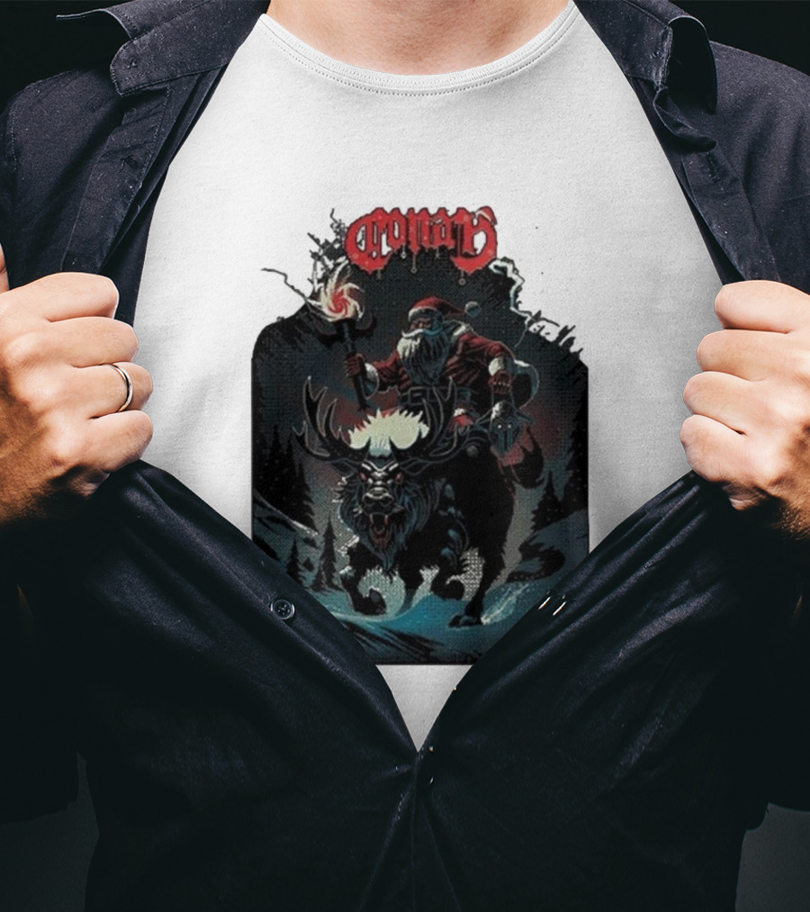 Conan Merry Chrushmas Santa Riding Mythical Beast Torch Dark Forest Scene T-Shirt
