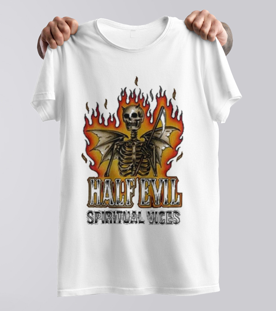 Half Evil Spiritual Vices Flaming Winged Skeleton T-Shirt