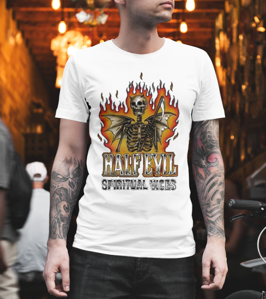Half Evil Spiritual Vices Flaming Winged Skeleton T-Shirt