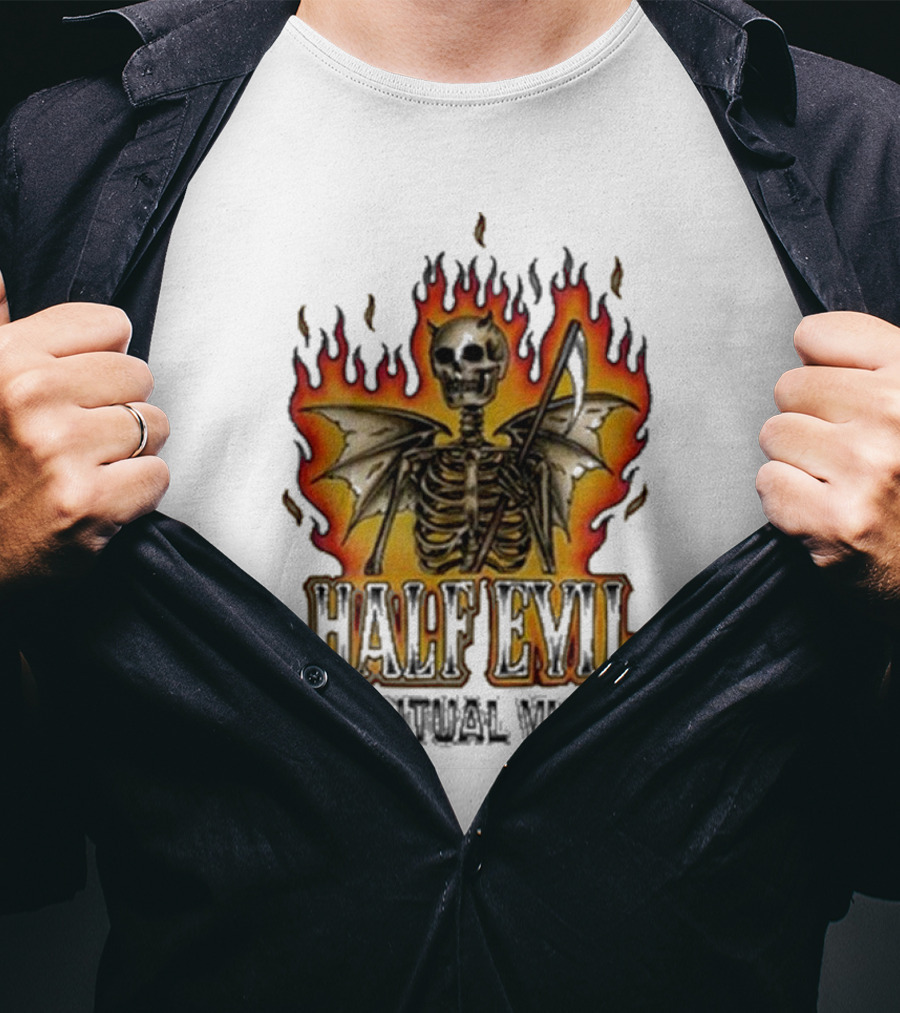 Half Evil Spiritual Vices Flaming Winged Skeleton T-Shirt