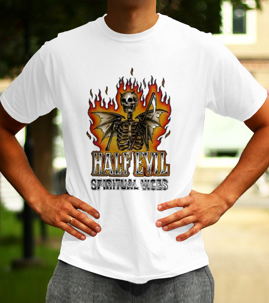 Half Evil Spiritual Vices Flaming Winged Skeleton T-Shirt