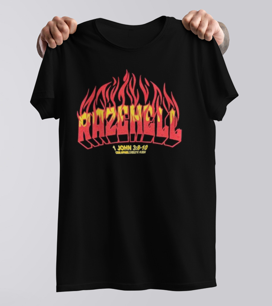 RAZEHELL CXXII X KellyK 1 John 3:8-10 Flame Design Black T-Shirt
