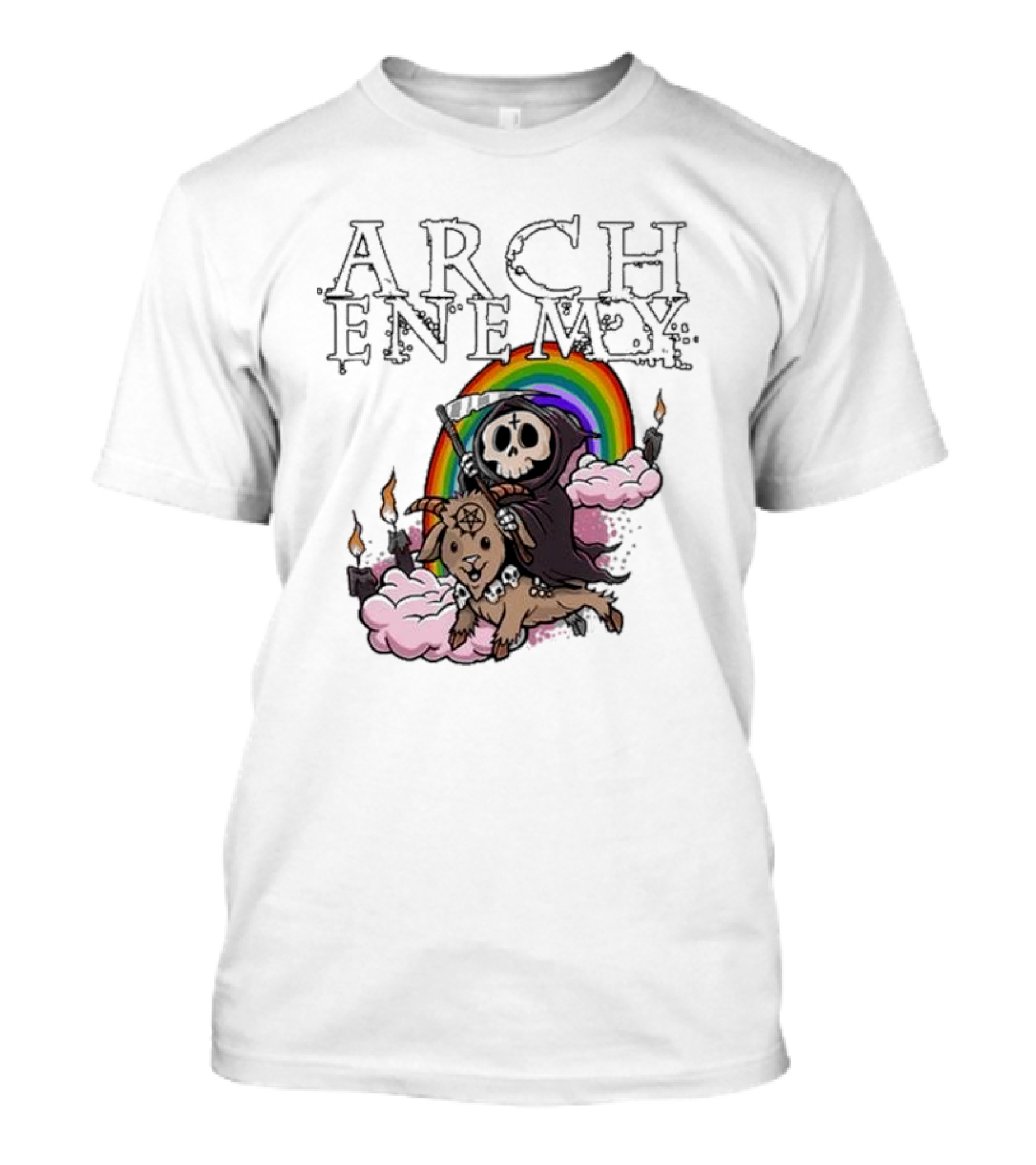 Arch Enemy Rainbow Reaper On Goat With Candles And Clouds T-Shirt