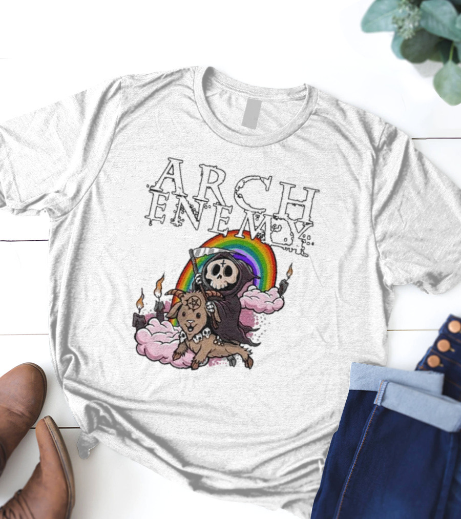 Arch Enemy Rainbow Reaper On Goat With Candles And Clouds T-Shirt