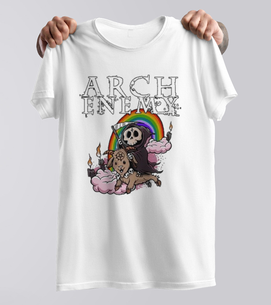 Arch Enemy Rainbow Reaper On Goat With Candles And Clouds T-Shirt