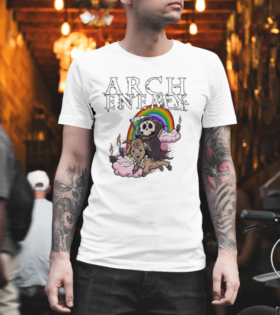 Arch Enemy Rainbow Reaper On Goat With Candles And Clouds T-Shirt