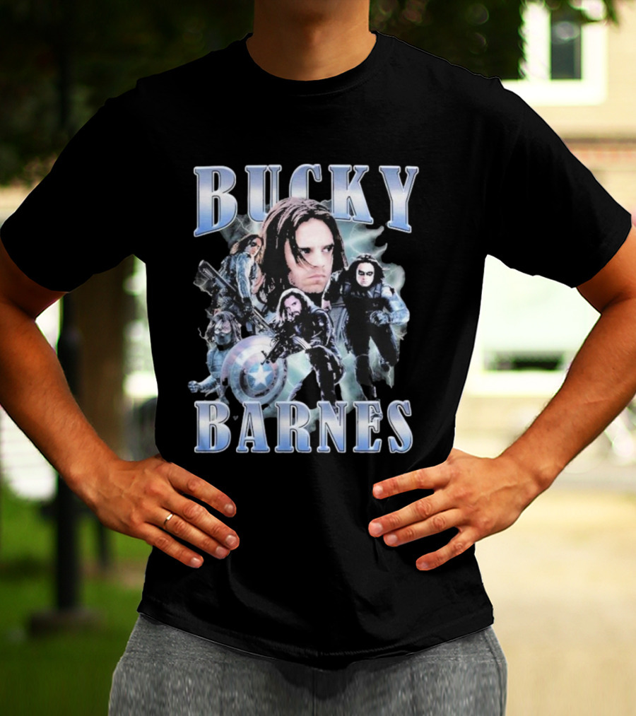 Bucky Barnes Winter Soldier Collage With Shield T-Shirt