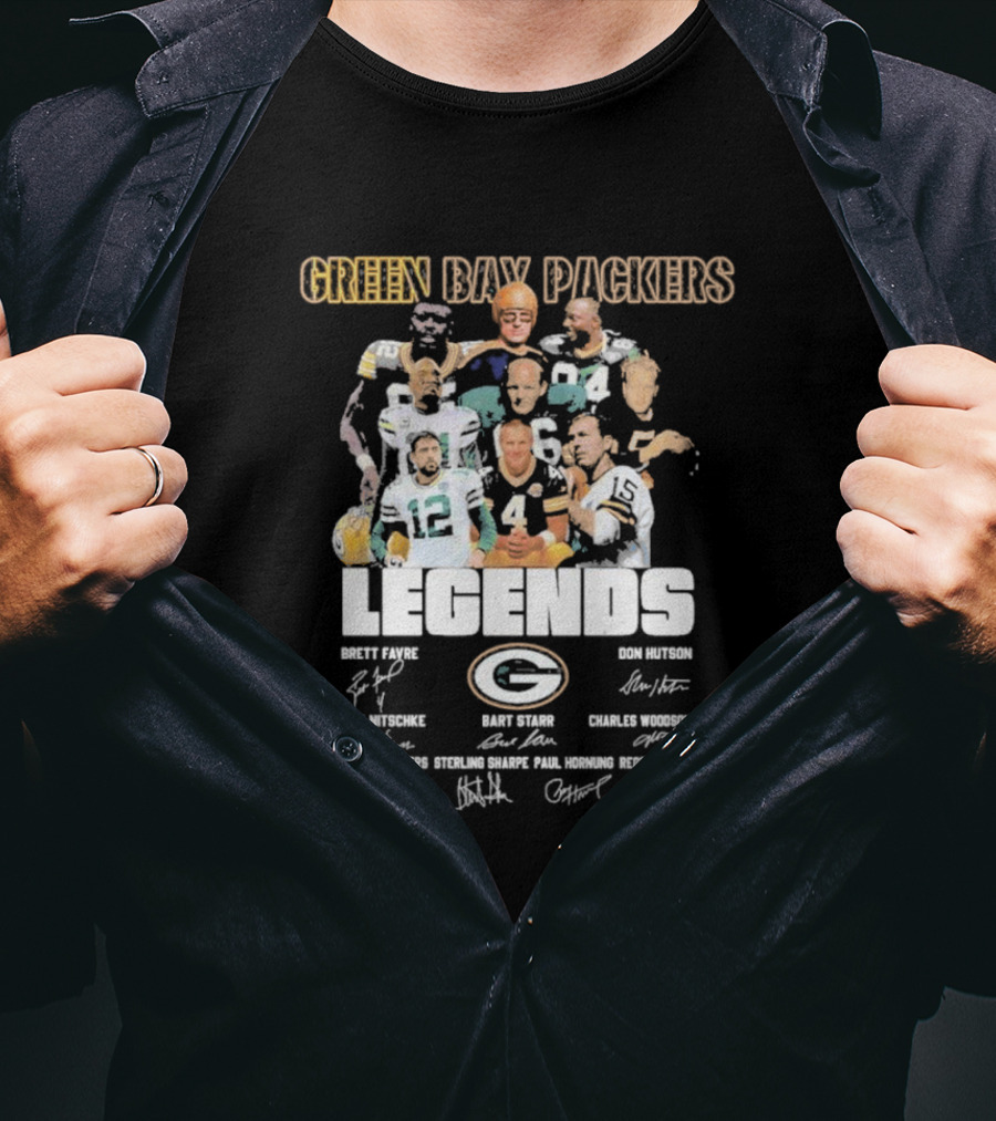 Green Bay Packers Legends Brett Favre Don Hutson Ray Nitschke Bart Starr Charles Woodson Aaron Rodgers Sterling Sharpe Paul Hornung Reggie White T-Shirt