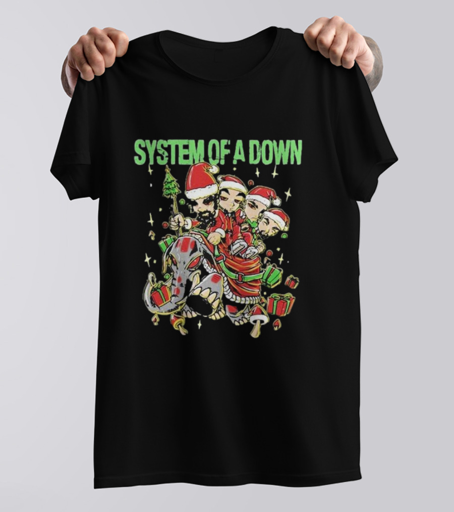 System Of A Down Holiday Mushroom People Riding Elephant With Gifts T-Shirt
