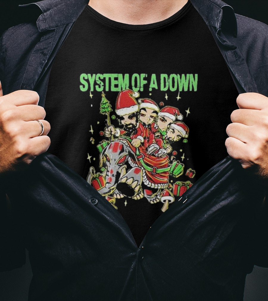System Of A Down Holiday Mushroom People Riding Elephant With Gifts T-Shirt