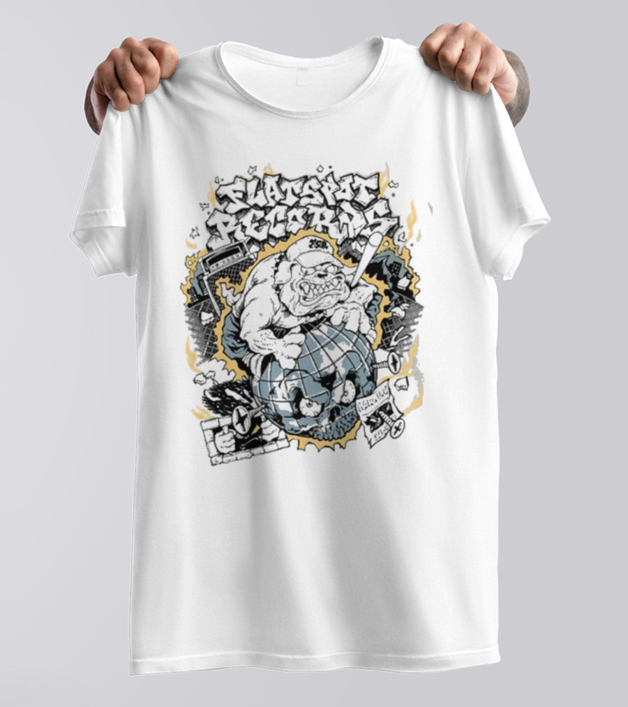 Flatspot Records Bulldog Globe Graffiti Style White T-Shirt